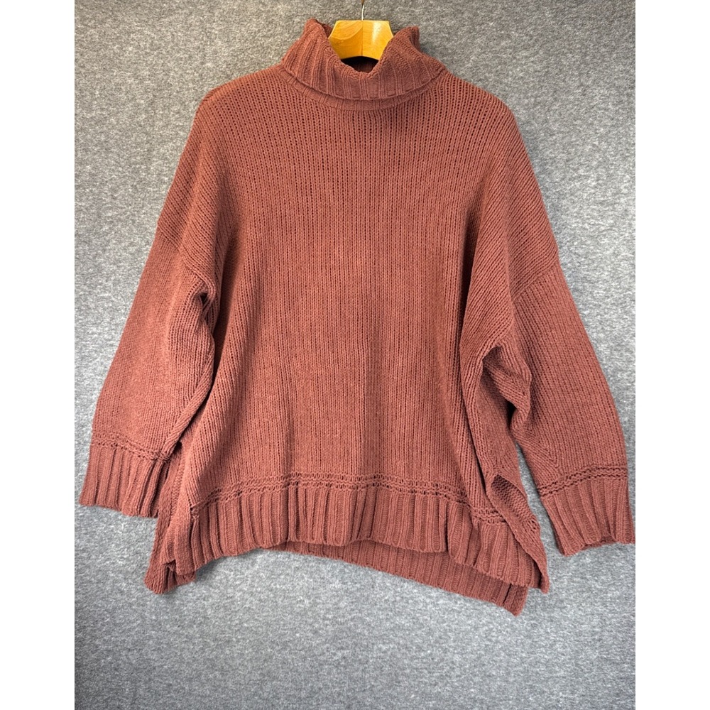Aerie Chenille Turtleneck Sweater Womens XL Rust Chocolate Oversized Side Slit